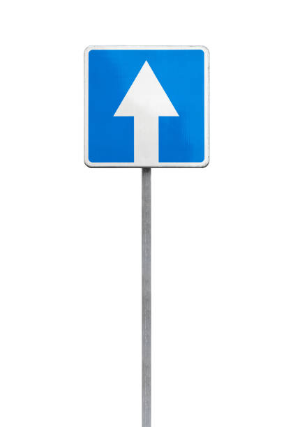 one way street, blue square road sign isolated - one way sign single object street imagens e fotografias de stock