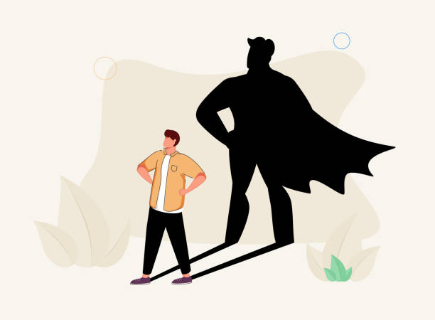 istock Superhero male as professional strong and brave leader tiny person concept. Everyday human with cape costume in shadow. 1325277858