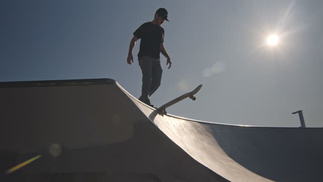 Tightshot of skateboarder dropping in on a ramp at the skatepark