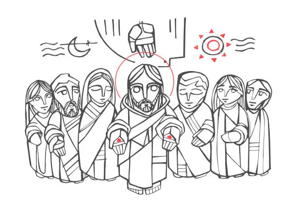 Vector illustration of Jesus Christ, Virgin Mary and other people illustration