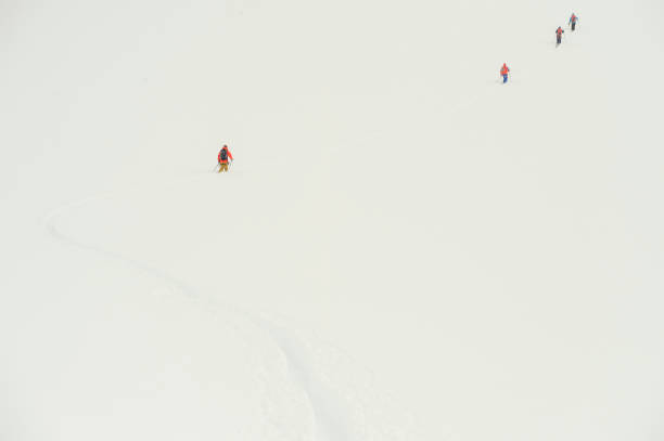 esquiadores de fondo suben por la pista de nieve en una ventisca - determination telemark skiing exploration winter fotografías e imágenes de stock