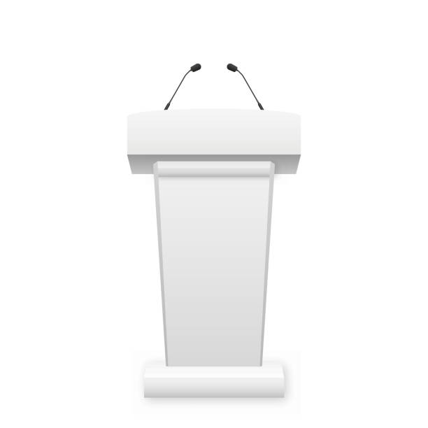 istock White podium tribune with microphones. White 3D political rostrum for conference. Orator place for performance. Stock vector illustration on white isolated background. 1325281238