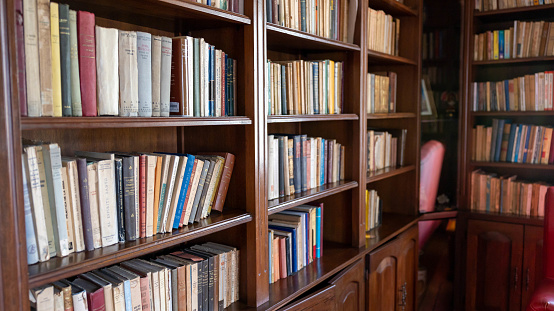 Corner of a conservative luxury library on classic-style wooden shelves with assorted books.