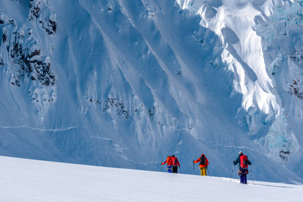 esquiadores de fondo escalan las rocosas nevadas canadienses - determination telemark skiing exploration winter fotografías e imágenes de stock