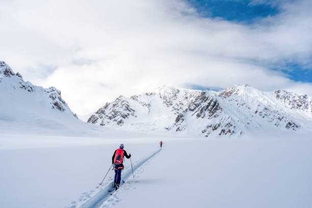Backcountry skiers climb snowy Canadian Rockies They trod through deep snow, leaving a track behind them back country skiing photos stock pictures, royalty-free photos & images