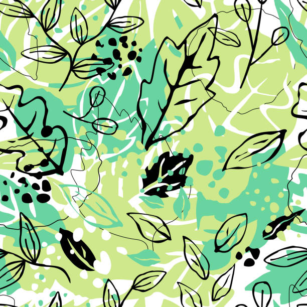 Seamless Hand Drawn Nature Leaves Pattern Background Grunge abstract, seamless background pattern with green leaves. Fully editable vector, easy to change color, ready for your textile or graphic work. jungle leaf pattern stock illustrations