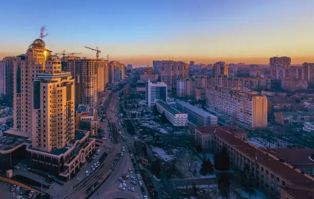 Sunset on Genoese street. Odessa Ukraine, Drone footage, winter time. Drone footage, natural light.
