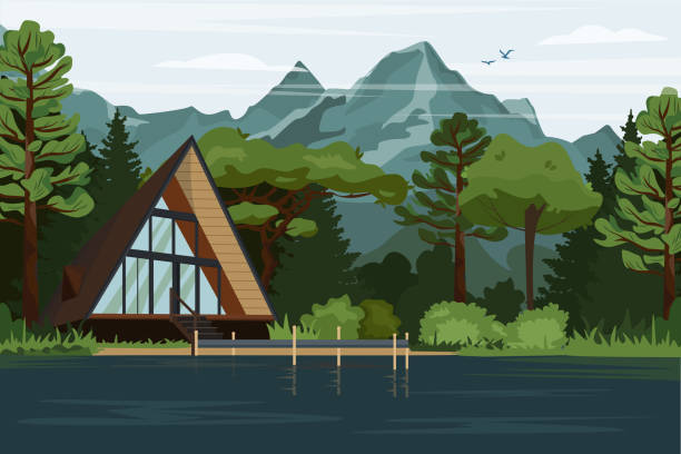 ilustrações de stock, clip art, desenhos animados e ícones de modern house in the woods with mountain views. traditional swiss chalet in the highlands of the national park. lonely house in a forest landscape in flat design for a banner, brochures, advertising - casas de madeira modernas