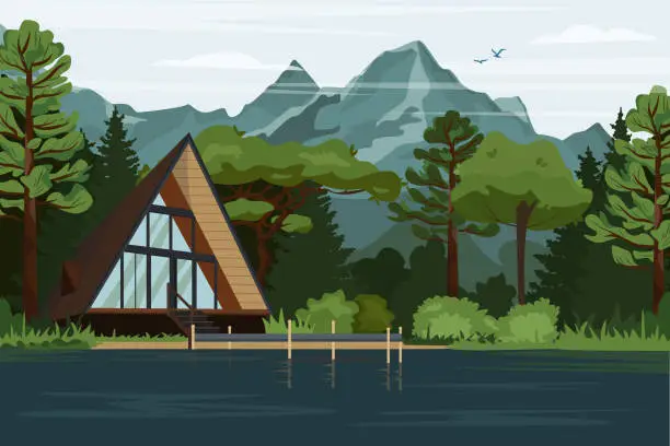 Vector illustration of Modern house in the woods with mountain views. Traditional Swiss chalet in the Highlands of the National Park. Lonely house in a forest landscape in flat design for a banner, brochures, advertising