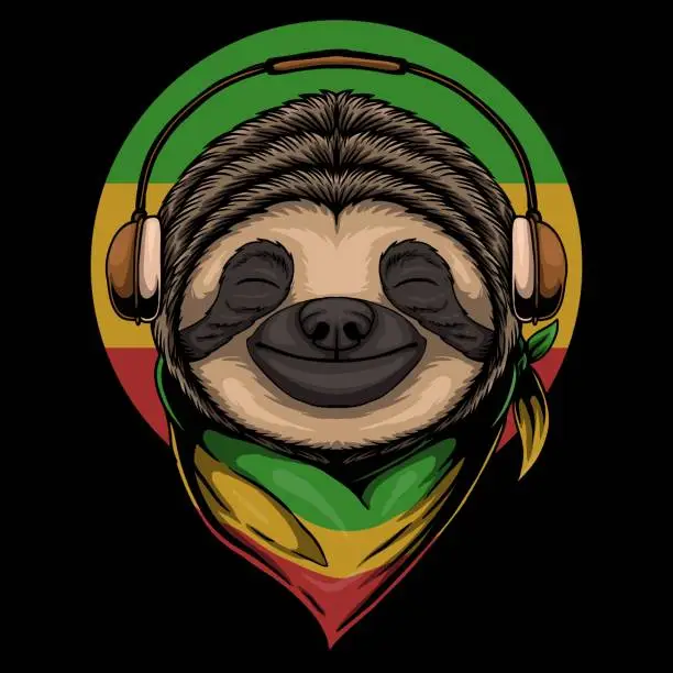 Vector illustration of Sloth Rasta a wearing headphones vector illustration