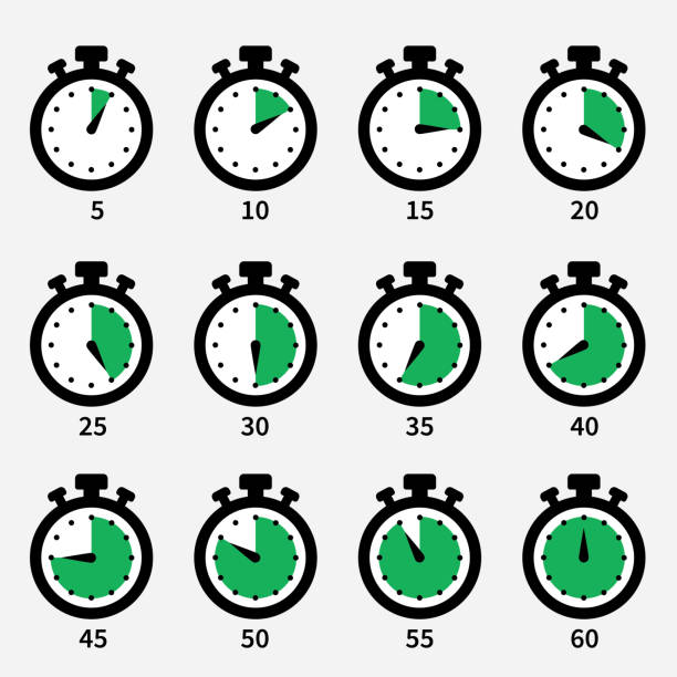 Green chronometer icons set A set of green chronometers, all elements are layered. minute hand stock illustrations