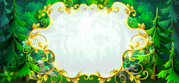 Gold frame and field for text on a forest background with trees, bushes and flowers. Gold frame and field for text on a forest background with trees, bushes and flowers. Graphic field for decoration and design. fairy tale stock illustrations