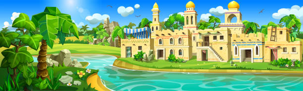 ilustrações de stock, clip art, desenhos animados e ícones de an ancient arab city with stone houses, large temples with domes and mosques. vector illustration of the ancient town, standing on the shore of a tropical river. - desert egyptian culture village town