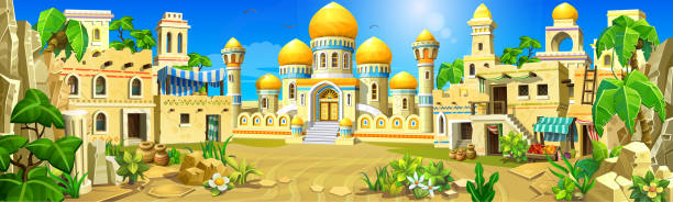ilustrações, clipart, desenhos animados e ícones de cidade de pedra árabe no deserto. um palácio com paredes brancas, torres e cúpulas douradas, tendas. - cupola