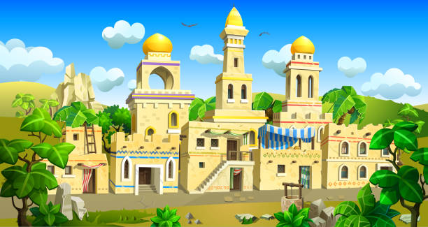 ilustrações de stock, clip art, desenhos animados e ícones de an arab town with stone houses, large temples with domes. - desert egyptian culture village town