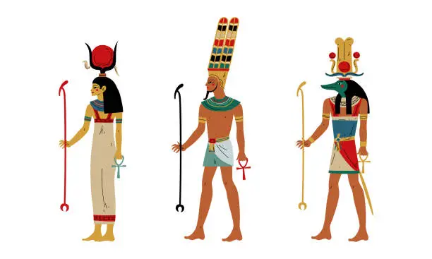 Vector illustration of Hathor, Amun and Anubis as Ancient Egyptian Deity and Goddess Vector Set