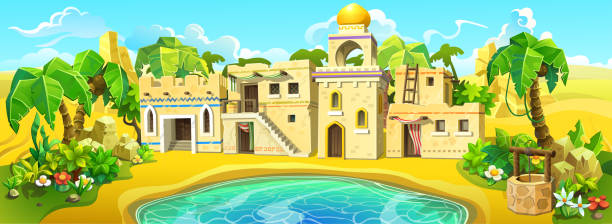 ilustrações de stock, clip art, desenhos animados e ícones de arab town in an oasis near a lake and palm trees. an old muslim city in the sandy desert. - desert egyptian culture village town