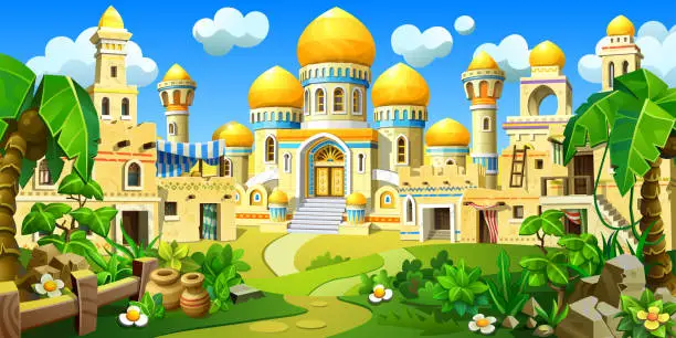 Vector illustration of An ancient Arab town in the desert, with stone houses. A palace with towers, golden domes and tents.