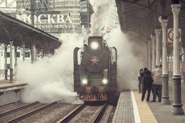 Moscow, Russia - May 30, 2021: Retro train stands by the platform before departure.