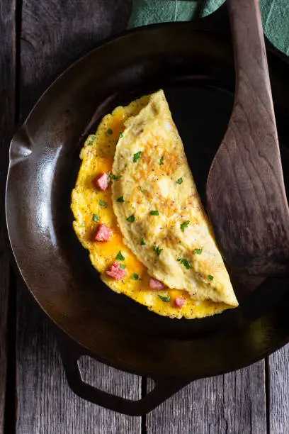 Ham and Cheese Omelet in a Cast Iron Skillet.