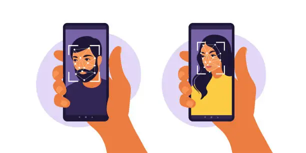 Vector illustration of Facial recognition system concept. Face ID, face recognition system. Facial biometric identification system scanning on smartphone. Mobile app for face recognition. Vector illustration
