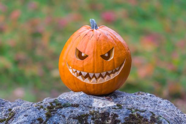 istock Scary smiling halloween pumpkin with nasty face on a stone 1325293706