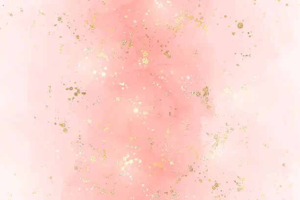 Vector illustration of Abstract pink liquid watercolor background with golden confetti. Pastel blush marble alcohol ink drawing effect and golden foil dust. Vector illustration design template for wedding invitation