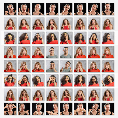 60 different expressions of young women surroinding 4 images of man variation of emotions portrait in studio collage