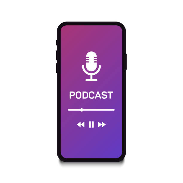Podcast concept. Podcast app on smartphone, podcaster speaking in microphone. Media player app on touchscreen. Vector illustration Podcast concept. Podcast app on smartphone, podcaster speaking in microphone. Media player app on touchscreen. Vector illustration podcast mobile stock illustrations