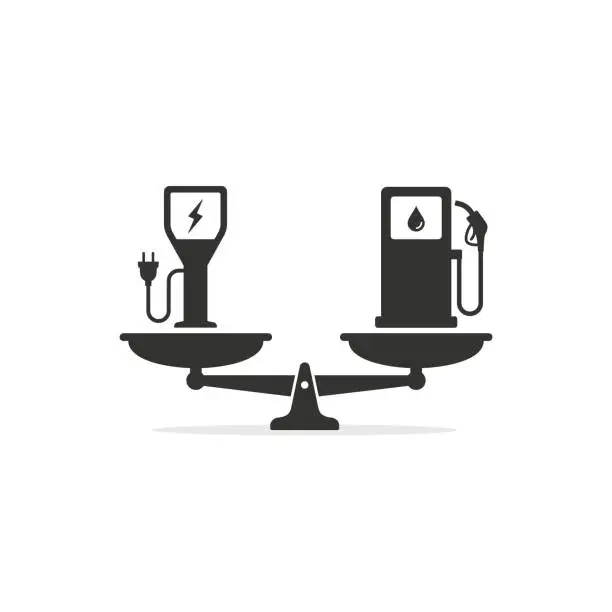 Vector illustration of Fuel gas station versus electric car station on scales icon, vector concept illustration