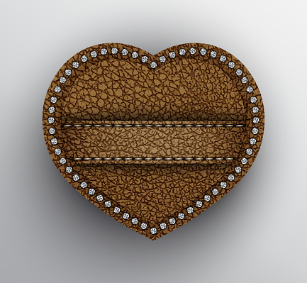 Vector brown leather heart with stitched stripe and silver sequins on boundary.