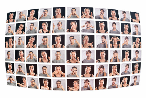66 different expressions of young couple variation of emotions portrait in studio collage