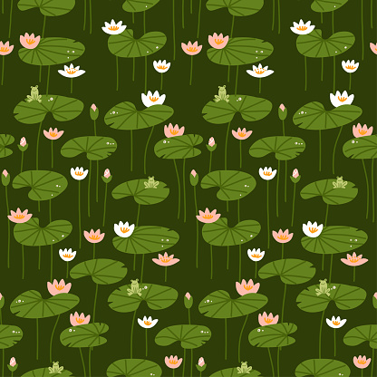 Isometric flat water lily seamless pattern. Pink and white lotuses with frogs. Green flat vector illustration