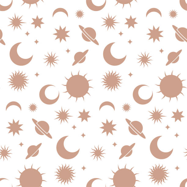 Boho astrology and star seamless pattern, magic celestial night concept, moon and sun objects, bohemian symbols. Gold simple flat art, modern trendy vector illustration on white background Boho astrology and star seamless pattern, magic celestial night concept, moon and sun objects, bohemian symbols. Gold simple flat art, modern trendy vector illustration on white background. moon patterns stock illustrations