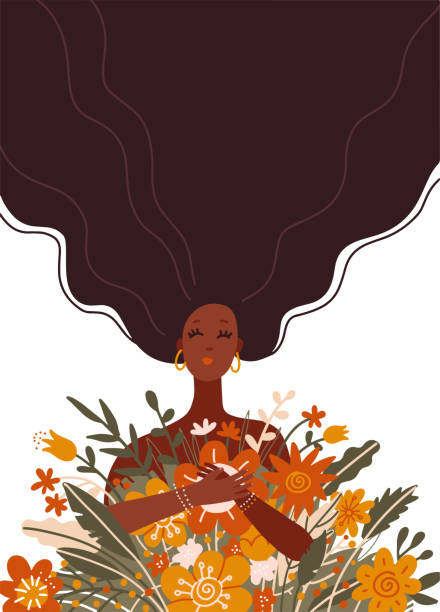 ilustrações, clipart, desenhos animados e ícones de linda garota negra de cabelo comprido segurando um buquê de flores. ilustração vetorial de vetores. design para o feriado da primavera, aniversário, aniversário, feriado de proteção à natureza - black sign holding vertical