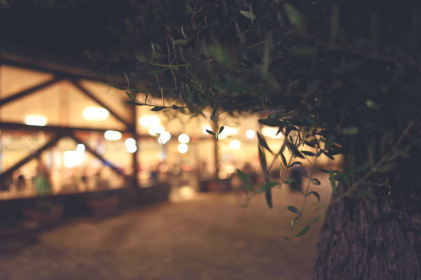 istock Blurred background with tree and building for night illuminated events 1325309446