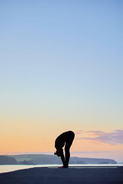 istock vertical image with large copy space of Caucasian woman practicing yoga 1325309577