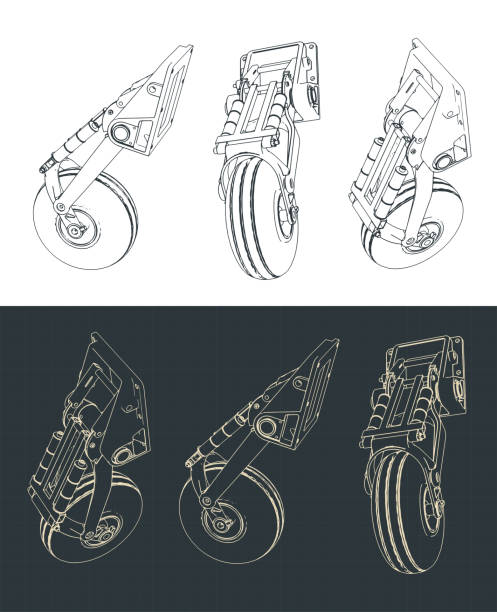 Nose landing gear illustrations Stylized vector illustration of blueprints of nose landing gear drawings for light aircraft airplane part stock illustrations