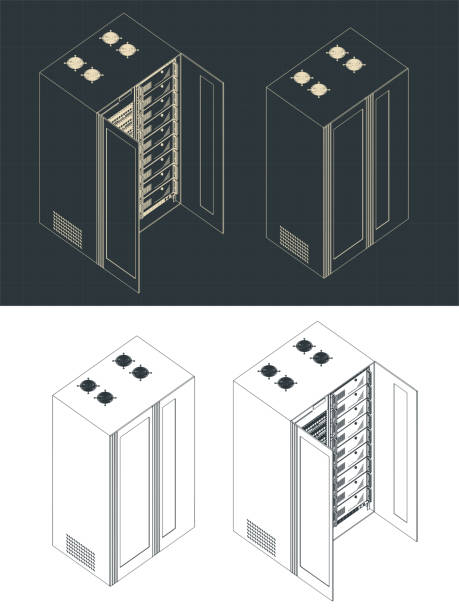 ilustrações de stock, clip art, desenhos animados e ícones de server rack isometric blueprints - network server computer tower rack