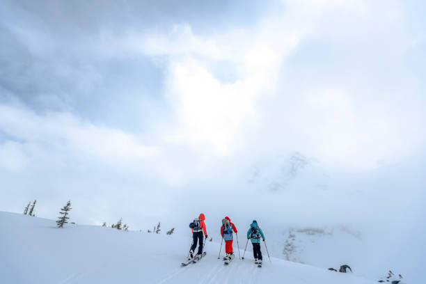 les skieurs de l’arrière-pays traversent la pente de neige le matin - telemark skiing photos photos et images de collection