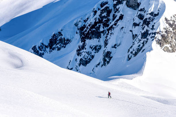 backcountry skifahrer klettert verschneite kanadische rockies - telemark skiing stock-fotos und bilder