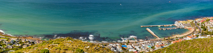 Elevated panoramic view of Kalk Bay Harbour in False Bay, Cape Town