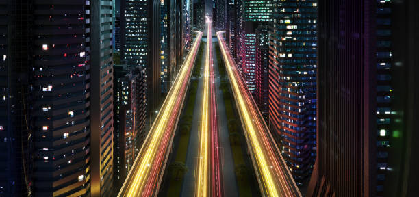 istock Spectacular modern city at night with light trails 1325317585