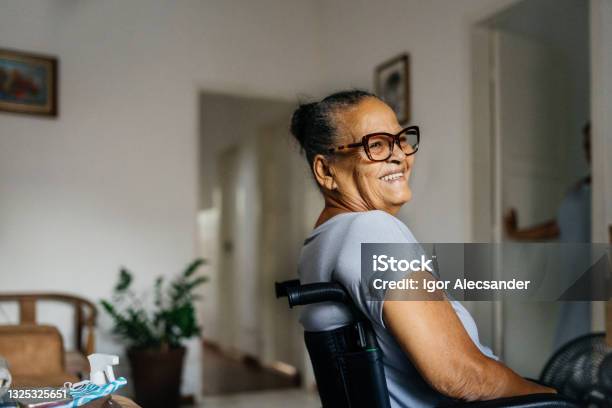 Happy Elderly Woman In The Wheelchair Stock Photo - Download Image Now - Senior Adult, Wheelchair, Disability