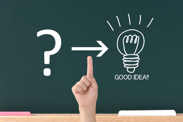 istock Child's hand pointing quesiton mark and light bulb illsutration on blackboard background 1325328014