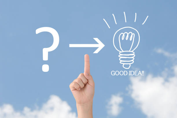 istock Child's hand pointing quesiton mark and light bulb illsutration with blue sky 1325328031