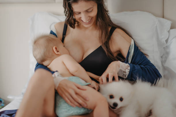 istock mother breastfeeding baby in bed with a dog 1325328208