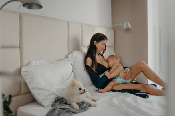 istock mother breastfeeding baby in bed with a dog 1325328232