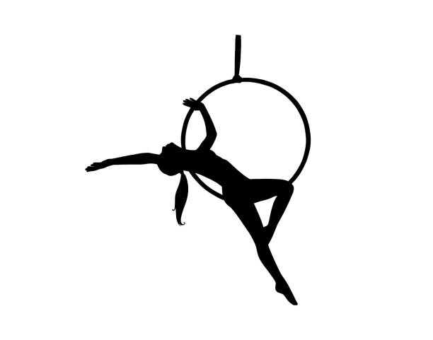weibliche athlet silhouette training in der luft lyra. frau akrobatin im zirkus. vektor-illustration - women circus acrobat gymnastics stock-grafiken, -clipart, -cartoons und -symbole