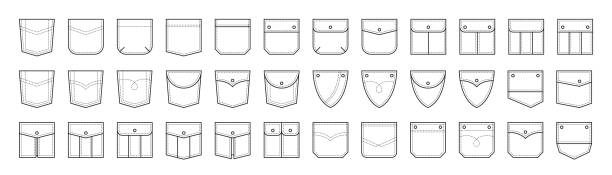 Set of patch pocket icons for pants, t-shirts and other clothing. Isolated linear vector illustration on white background Set of patch pocket icons for pants, t-shirts and other clothing. Isolated linear vector illustration on white background. pocket stock illustrations